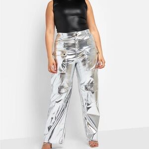 Rebdolls Lena Metallic Wide Leg Cargo Pants - Silver Croc